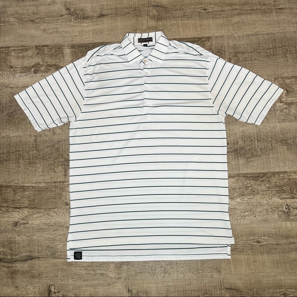 Peter Millar Mens Size Large Summer Comfort Polo Shirt White With Green Stripes